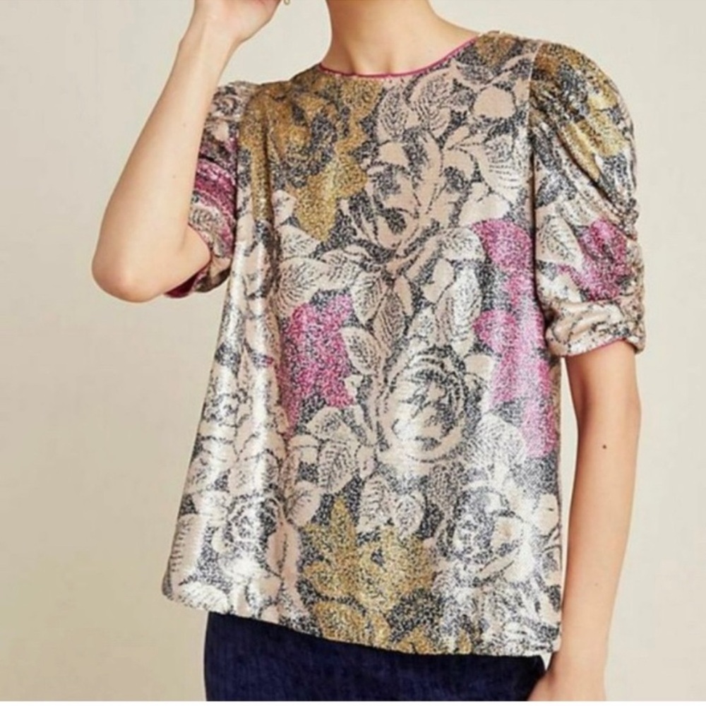 ANTHROPOLOGIE NWOT  Marie Sequined Top in Tan and Burgundy